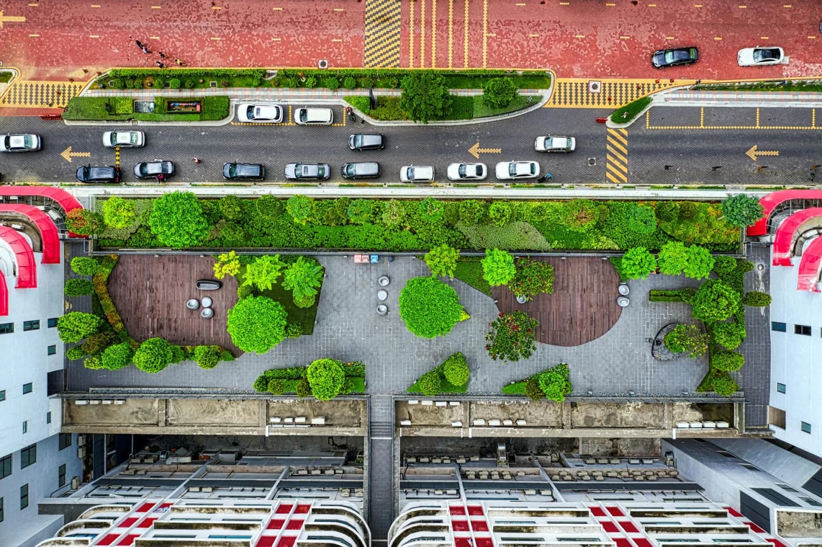 Aerial view of a lush rooftop garden surrounded by urban streets and buildings